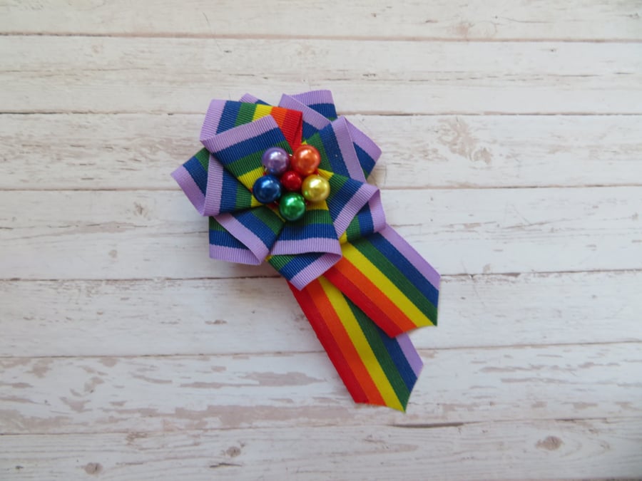 Rainbow Pride Ruffle Rosette Mini Brooch Pin LBGTQ Ribbon Pearl Wedding 