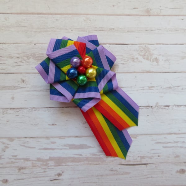 Rainbow Pride Ruffle Rosette Mini Brooch Pin LBGTQ Ribbon Pearl Wedding 
