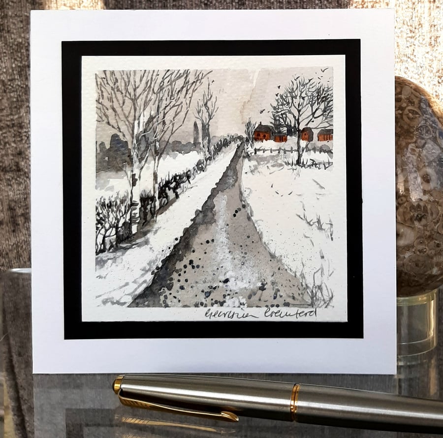 Snowy Lane Blank Handpainted Christmas Card.  Painting With Silver Glitter