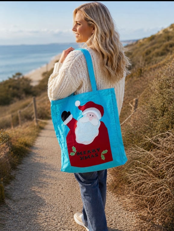 Jolly Santa Christmas Patchwork Tote Bag Large Festive Shopping Bag Gift 