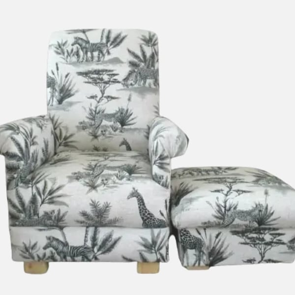 Safari Animals Chair & Footstool Adult Nursery Armchair Jungle Cream Grey Small