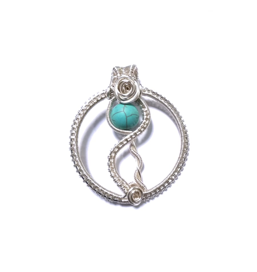 Turquoise beaded wire wrapped circular pendant