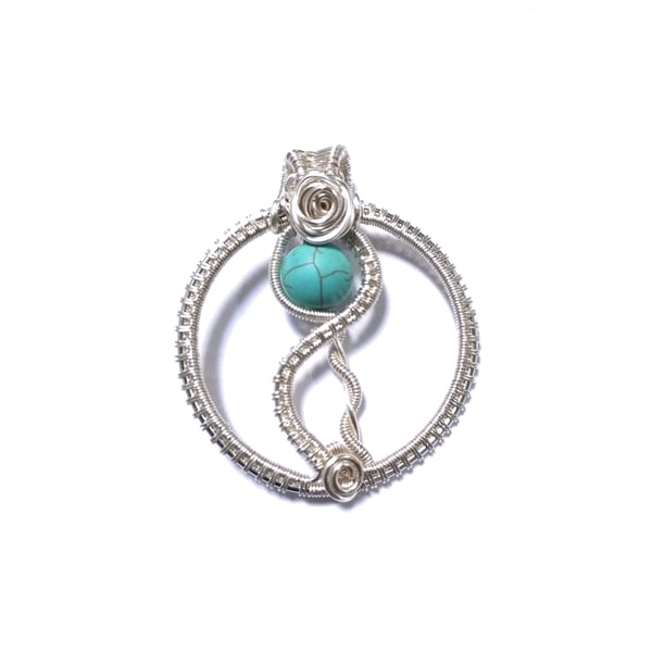 Turquoise beaded wire wrapped circular pendant