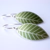 Olive green leaf oval earrings