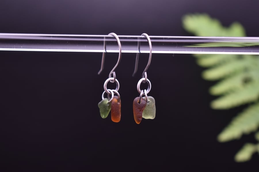 Scottish Sea Glass and Recycled Sterling Silver Earrings, Amber & Green