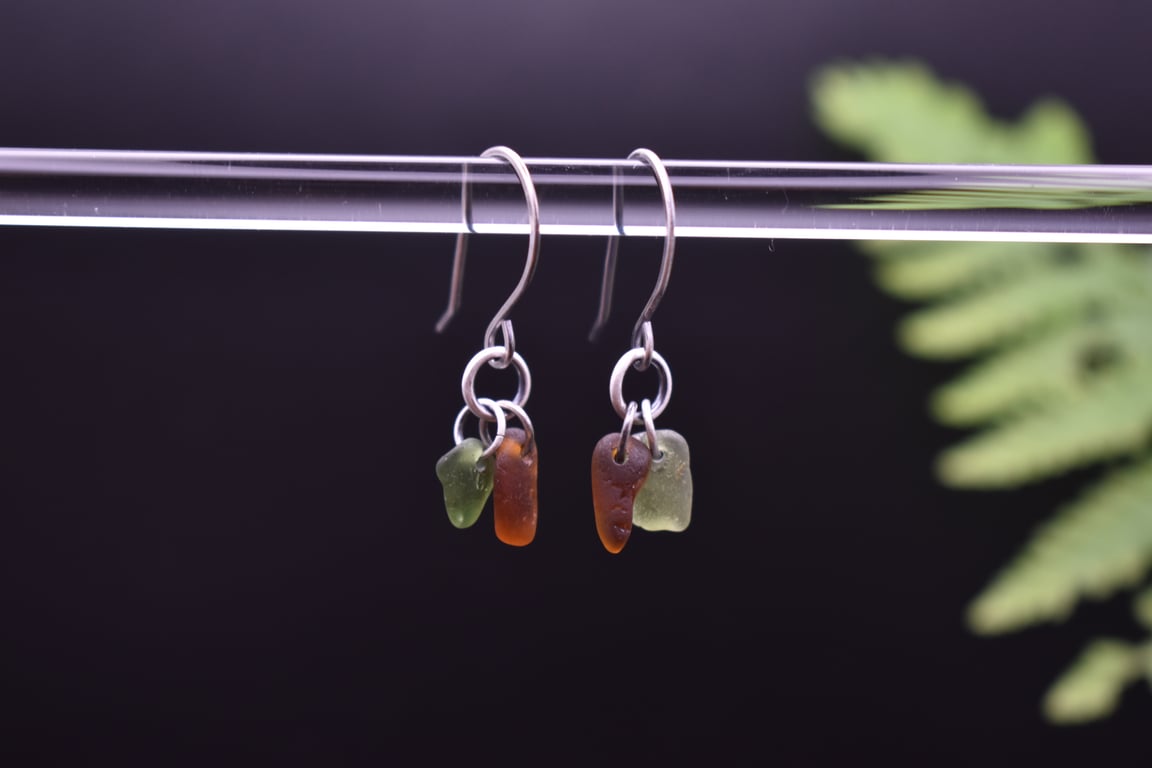 Scottish Sea Glass and Recycled Sterling Silver Earrings, Amber & Green