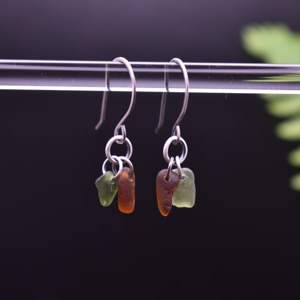 Scottish Sea Glass and Recycled Sterling Silver Earrings, Amber & Green