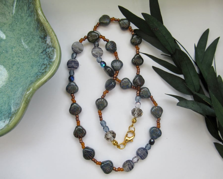 'Sea Whispers' teal, blue and bronze glass beaded necklace 