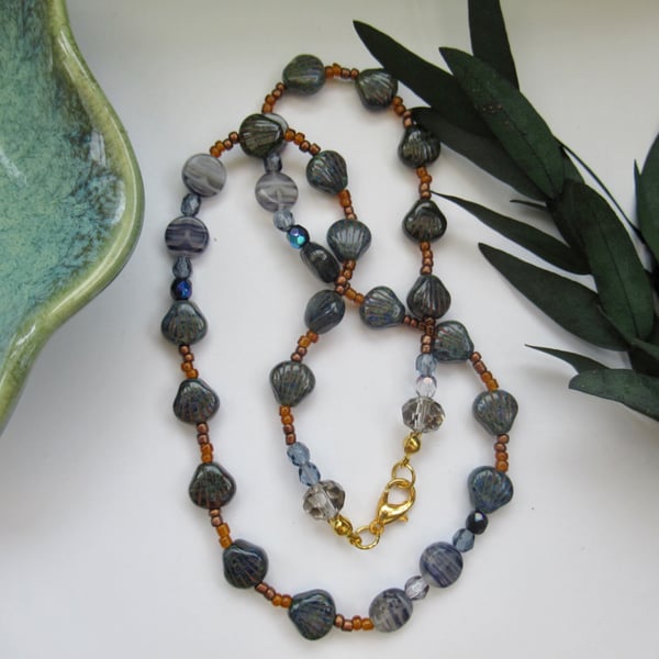 'Sea Whispers' teal, blue and bronze glass beaded necklace 
