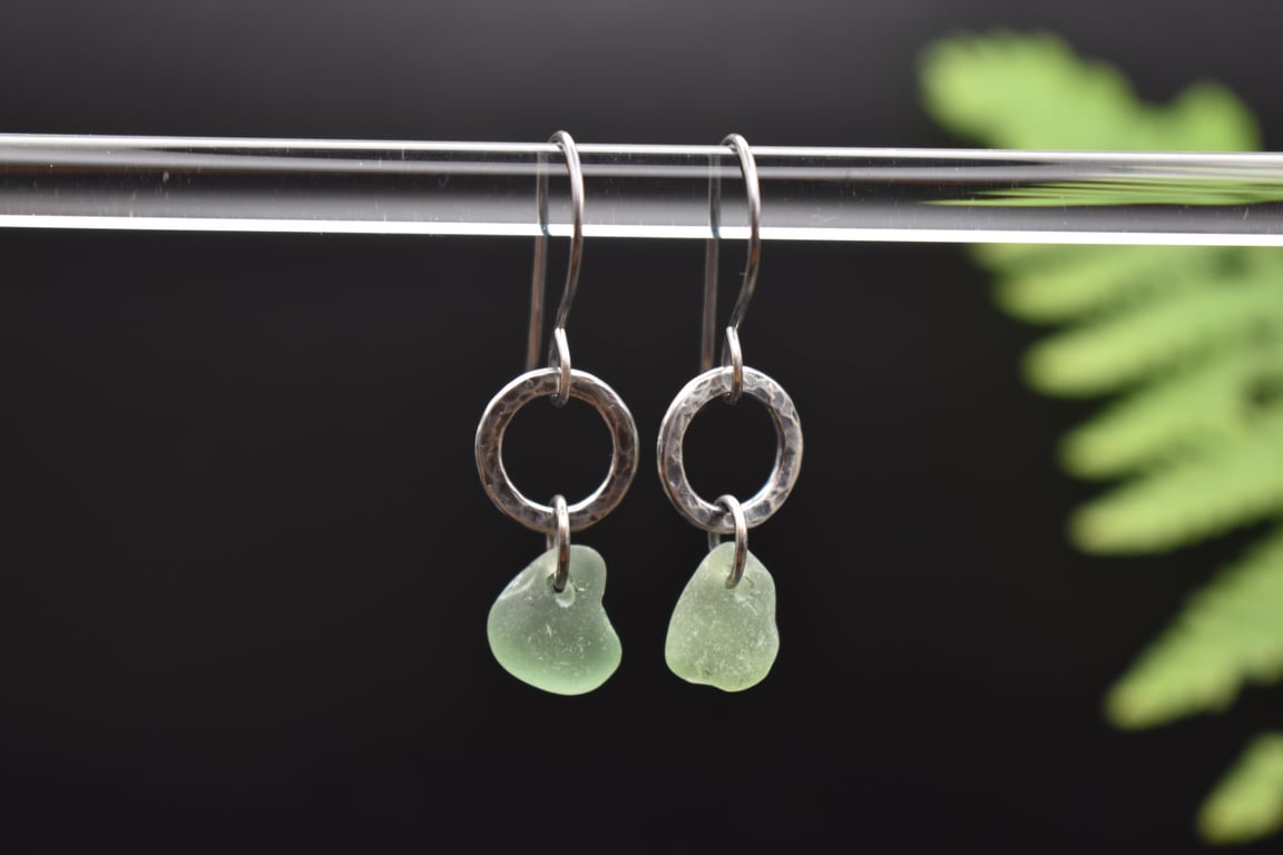 Scottish Sea Glass and Recycled Sterling Silver Earrings, Light Green