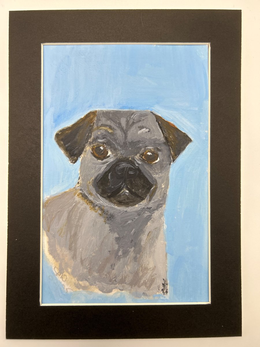 Grey blue  pug original painting 5x7" 
