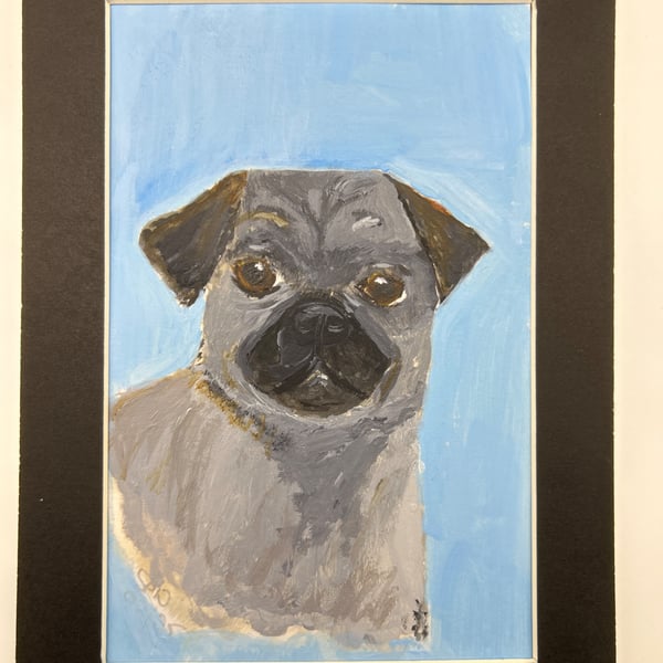 Grey blue  pug original painting 5x7" 