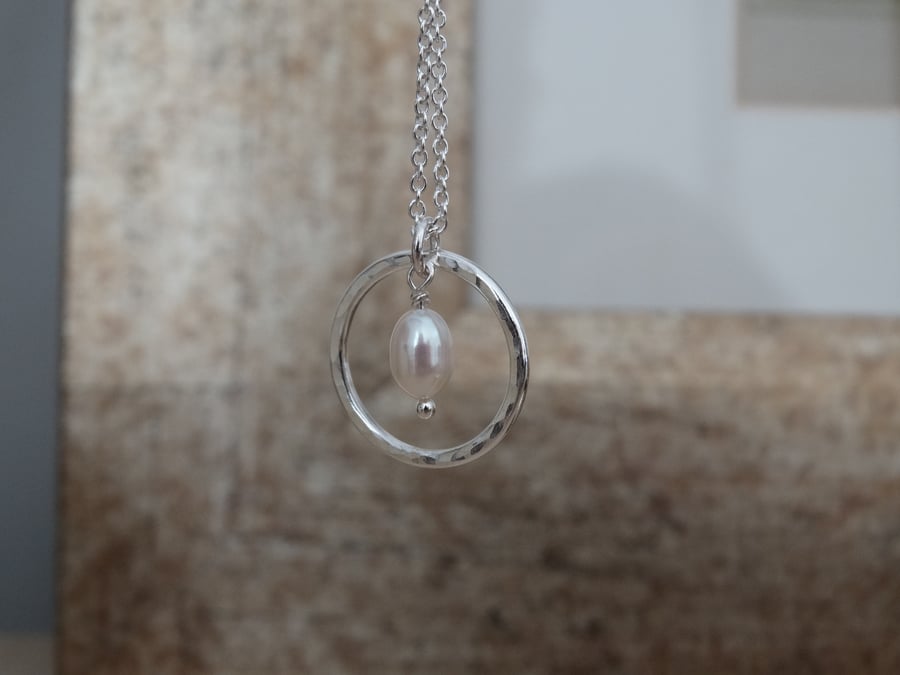Eco silver and freshwater pearl hoop pendant