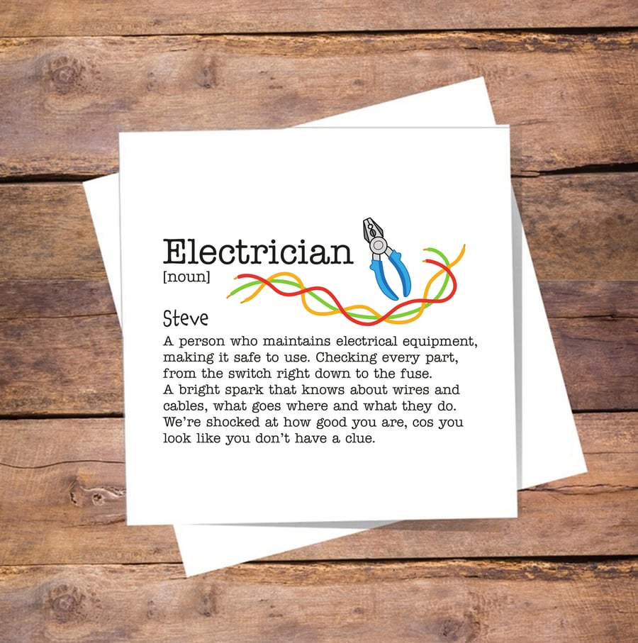 Electrician Definition Card - Funny birthday, thank you, good luck, personalised