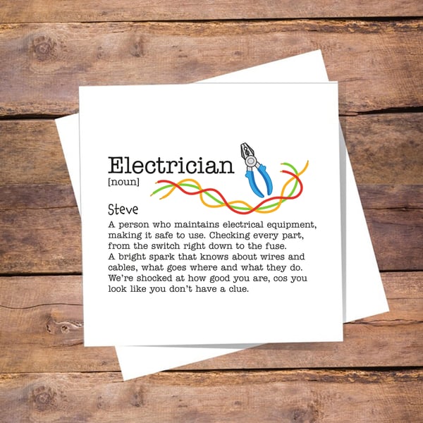 Electrician Definition Card - Funny birthday, thank you, good luck, personalised