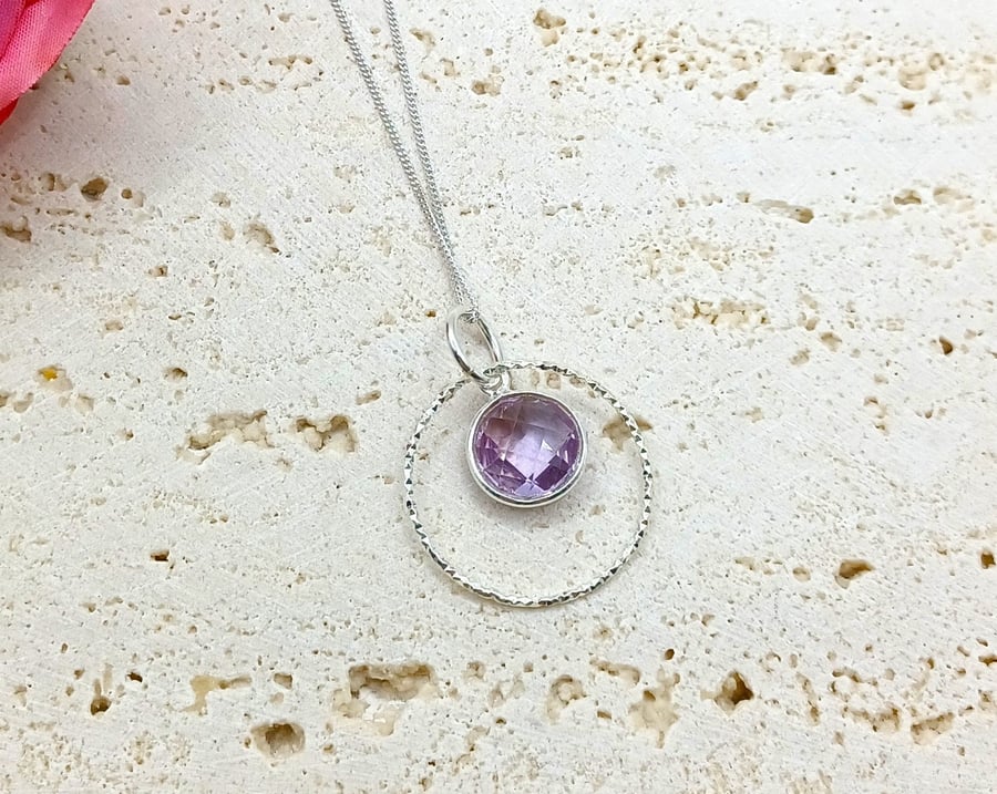 Pink Amethyst and Sterling Silver Sparkly Ring Gemstone Necklace, Pink Amethyst 