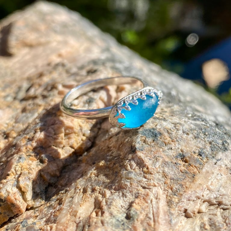 Bright Turquoise Sea Glass and Sterling Silver Ring - Size P - 1368