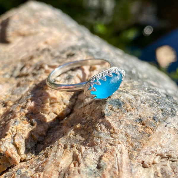 Bright Turquoise Sea Glass and Sterling Silver Ring - Size P - 1368