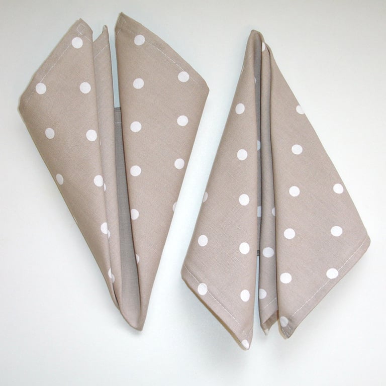 Napkins x 2 Beige Brown White Polka Dot 14" Serviettes Washable Cotton Cloths