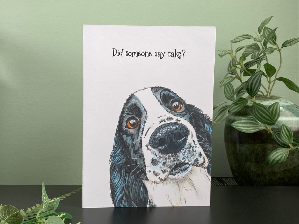 Springer spaniel Birthday Card. Black white spaniel dog blank personalised card.