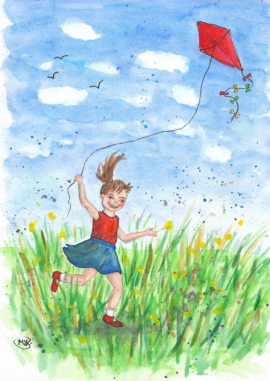 Girl and a Red Kite. Painting for children