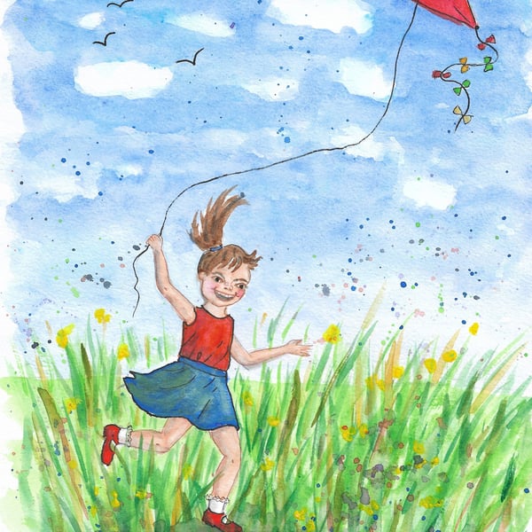 Girl flying a Red Kite. Painting for children