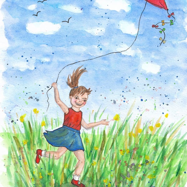 Girl and a Red Kite. Painting for children