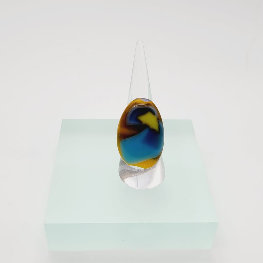 Fused Glass Ring, Colourful Glass Costume Adjustable Ring