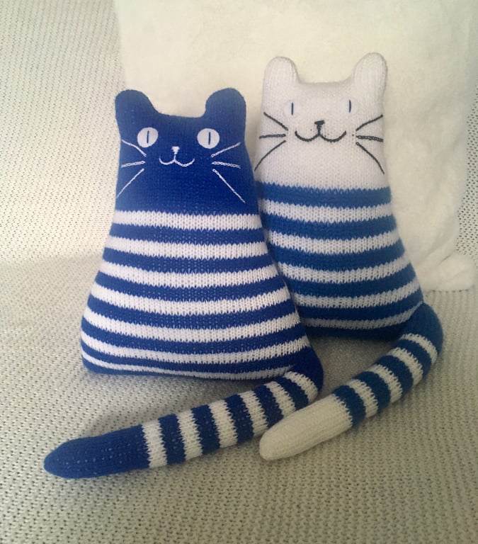 Nautical  Knitted animal cat plushie, Breton  cat  dolls