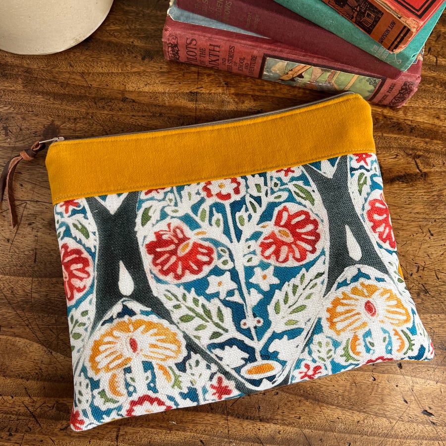 Linen and moleskin zip pouch book pouch with gingham lining