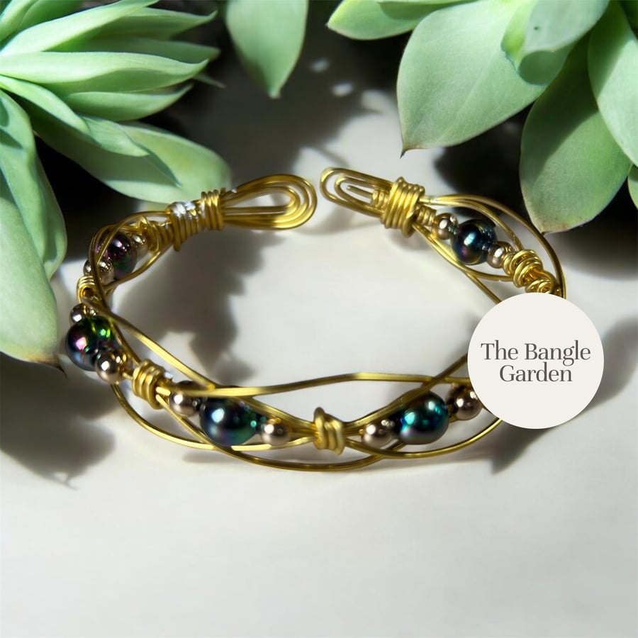 Wire wrapped gold & multi coloured bead bangle