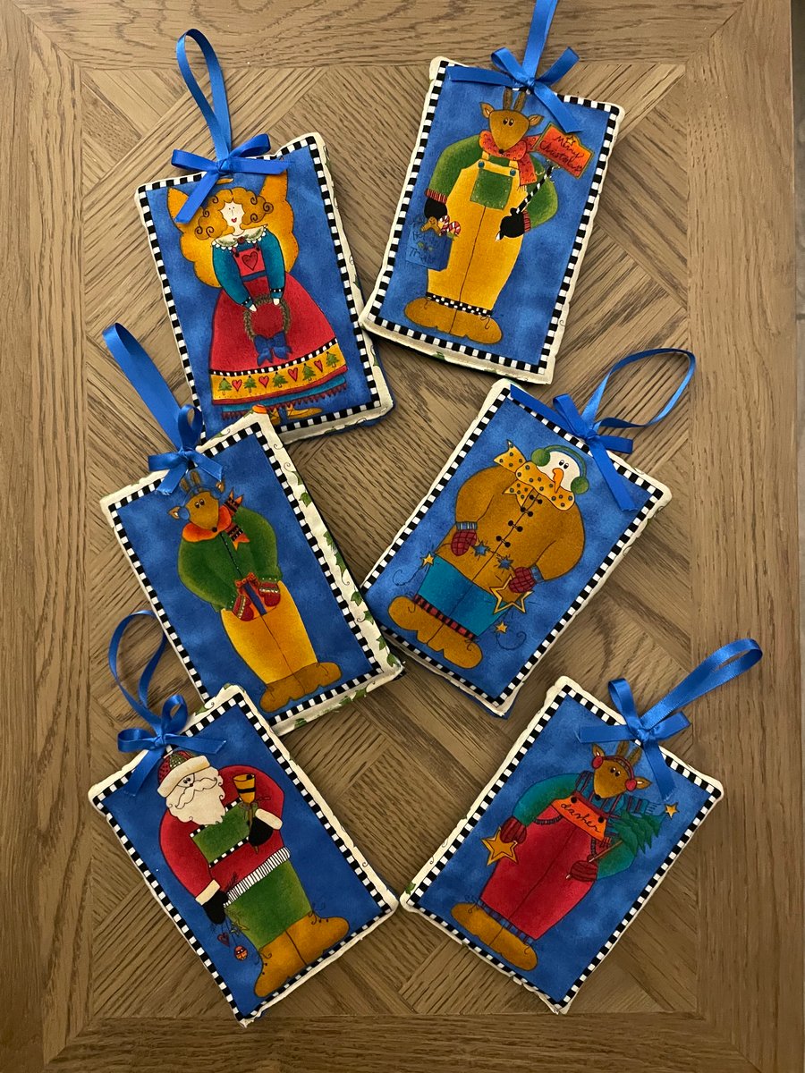 Set of Six Handmade Padded Fabric Christmas Tree Hangers