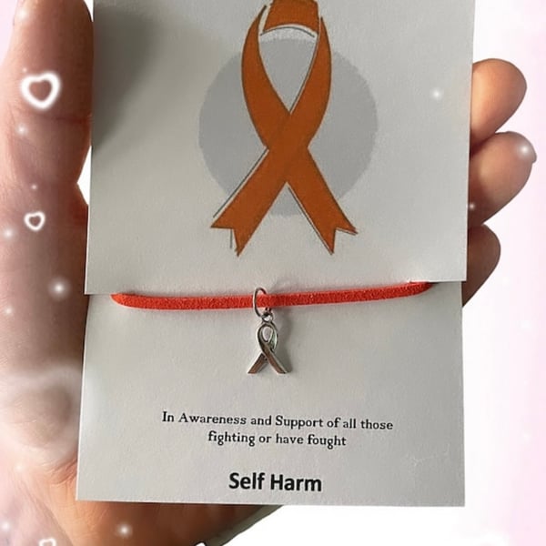 Self harm awareness ribbon charm corded wish bracelet gift 
