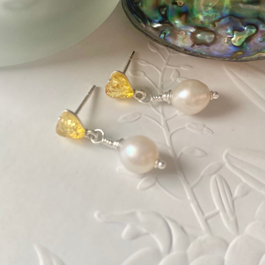 Lemon Amber and Pearl earrings