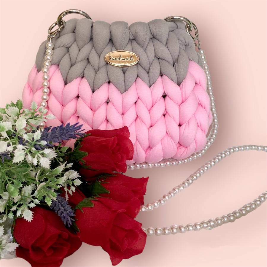 Pink and Grey Hand-crocheted bag