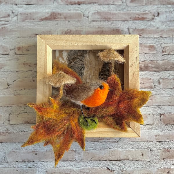 Autumn leaves with robin needle felted picture. 