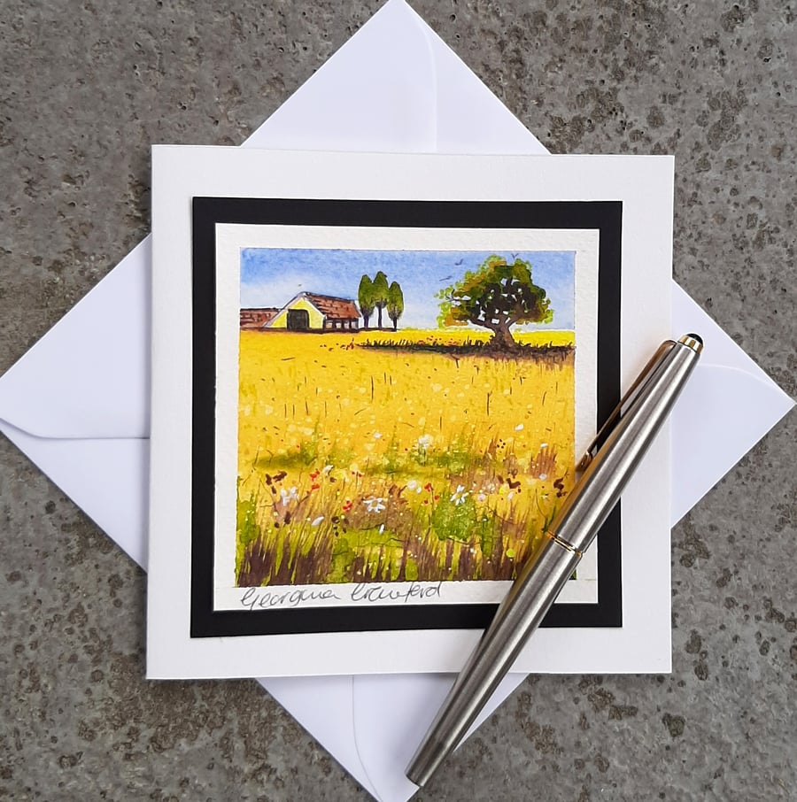 Blank Card. Watercolour Landscape Painting. Oak Tree Wildflower Meadow. Notelet.