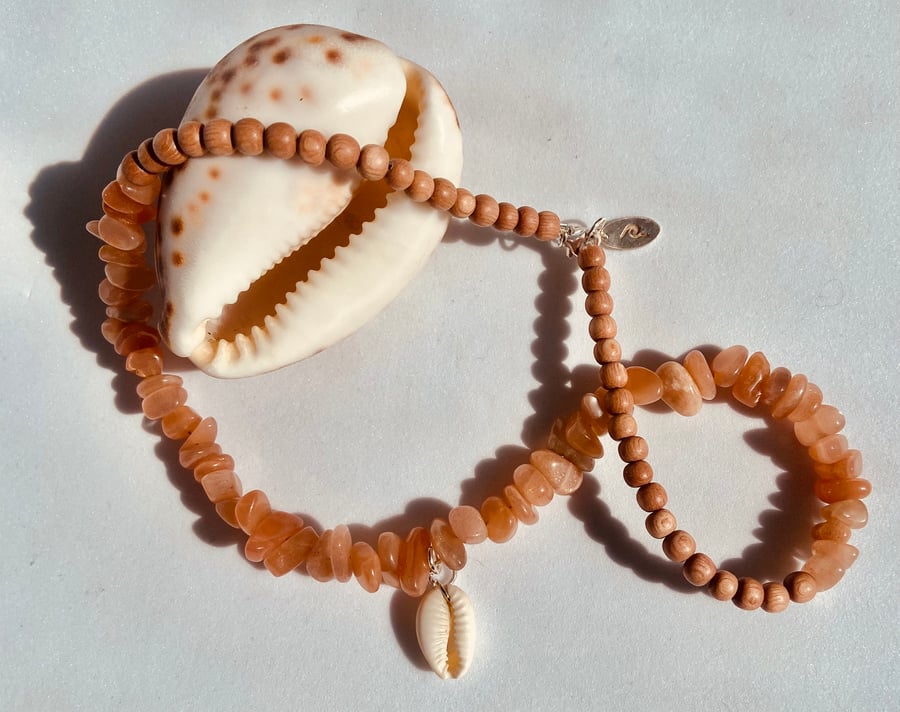 Semi-Precious Sunstone Rosewood Bead Necklace with Cowrie Shell & Silver Detail