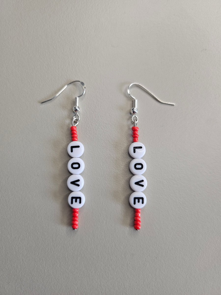 'Love' Red Beaded Earrings 