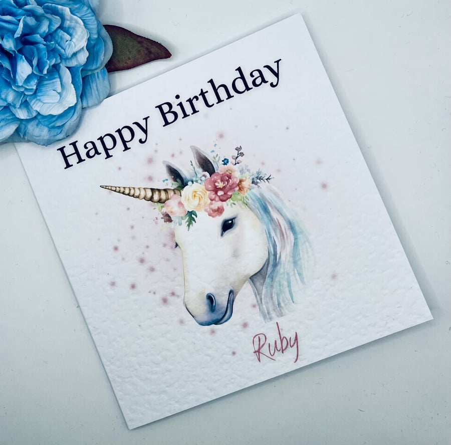 Unicorn with flower crown Birthday Card Personalised with Name 