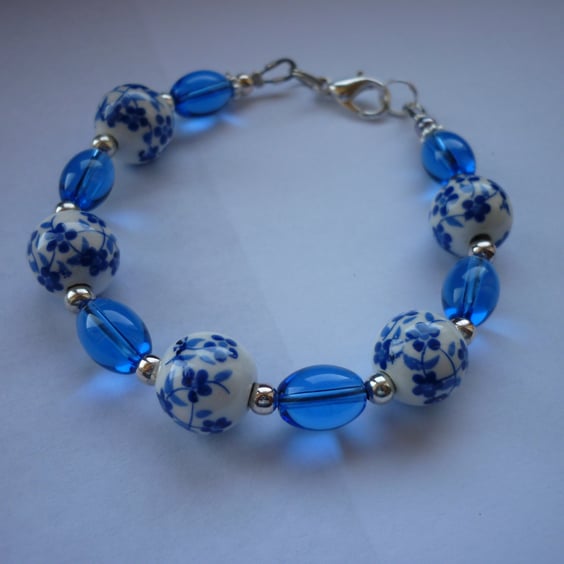 BLUE, WHITE AND SILVER - PORCELAIN BEAD BRACELET.