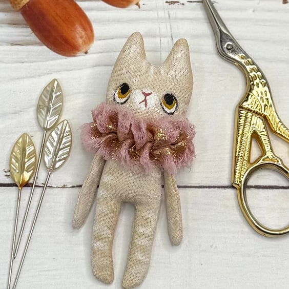 Hand Painted Miniature Cat Art Doll in Cream