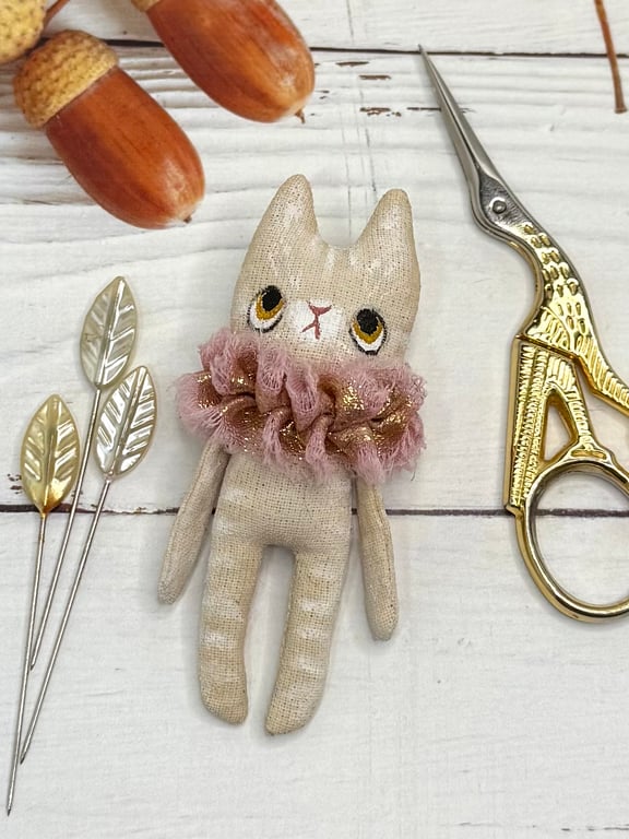 Hand Painted Miniature Cat Art Doll in Cream