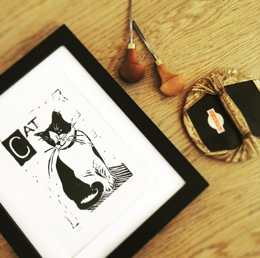 C is for Cat - original linocut print