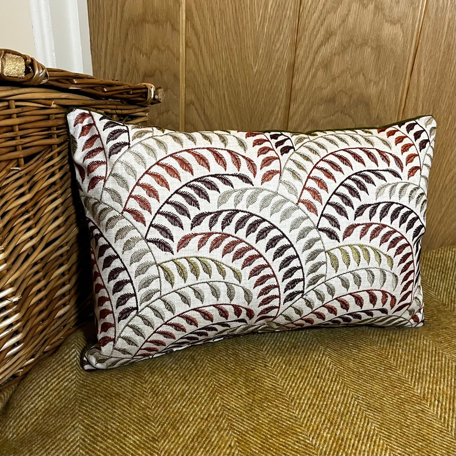 Embroidered linen cushion with leafy pattern autumnal colours corduroy back