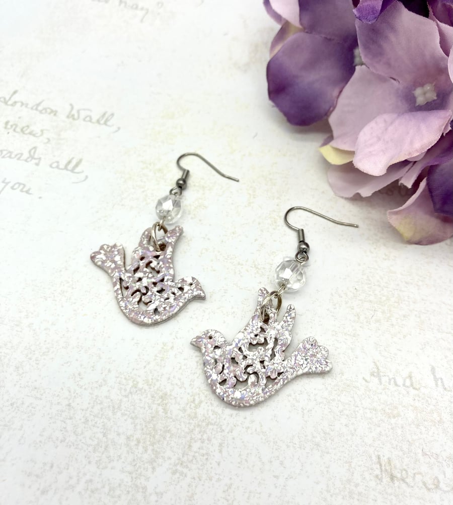 Peace dove wooden dangle earrings love birds gifts for her