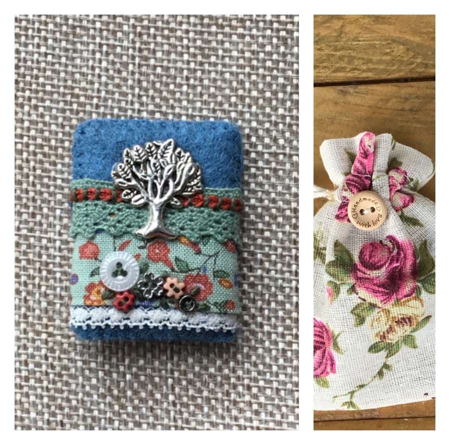 Brooch. Liberty fabric, felt, lace and tree charm.
