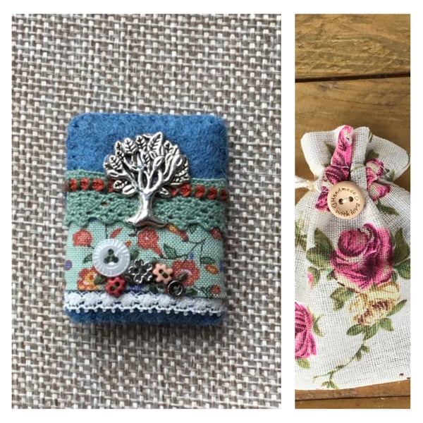 Brooch. Liberty fabric, felt, lace and tree charm.