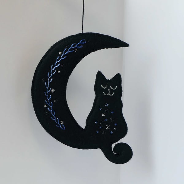 Hanging ornament, embroidered crescent moon and cat 