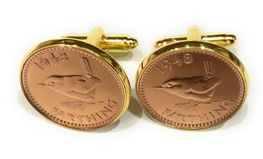 75th Birthday 1946 Gift Farthing Coin Cufflinks, Gold Plated Cufflink Backs